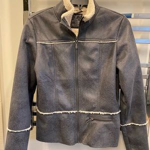 Women’s PrAna jacket, faux leather & cozy faux fleece lining. Color-plum grey.